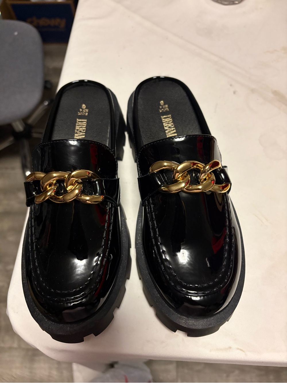 Dream Pairs Black Patent Mule Loafers with Gold Chain